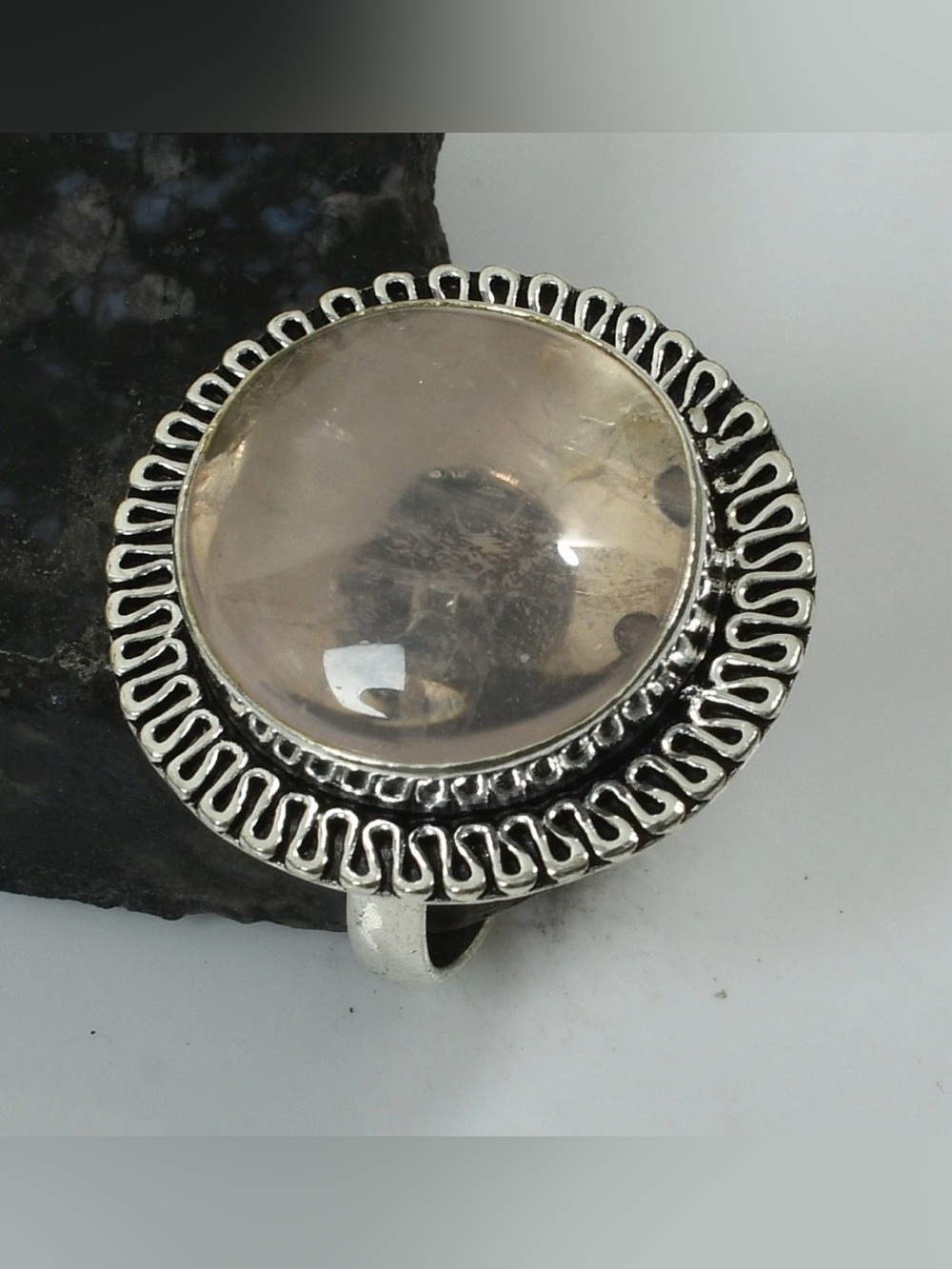 Rose Quartz Gemstone Ethnic Handmade Ring Size-9